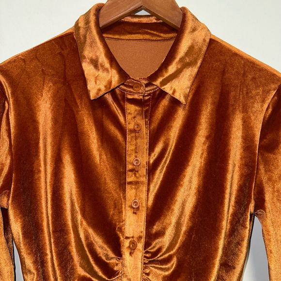 Women’s Long Sleeve Bodycon Dress Turn-Down Collar Velvet Ruched Rust Orange M - Picture 7 of 12